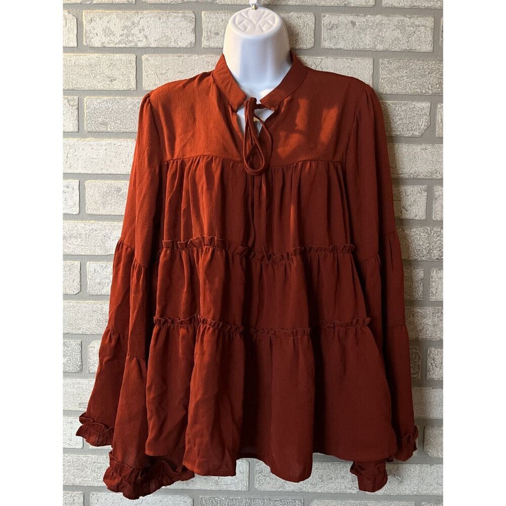 Andree By Unit Womens Blouse Orange Long Sleeve Bell Tie Neck Ruffles Pullover S